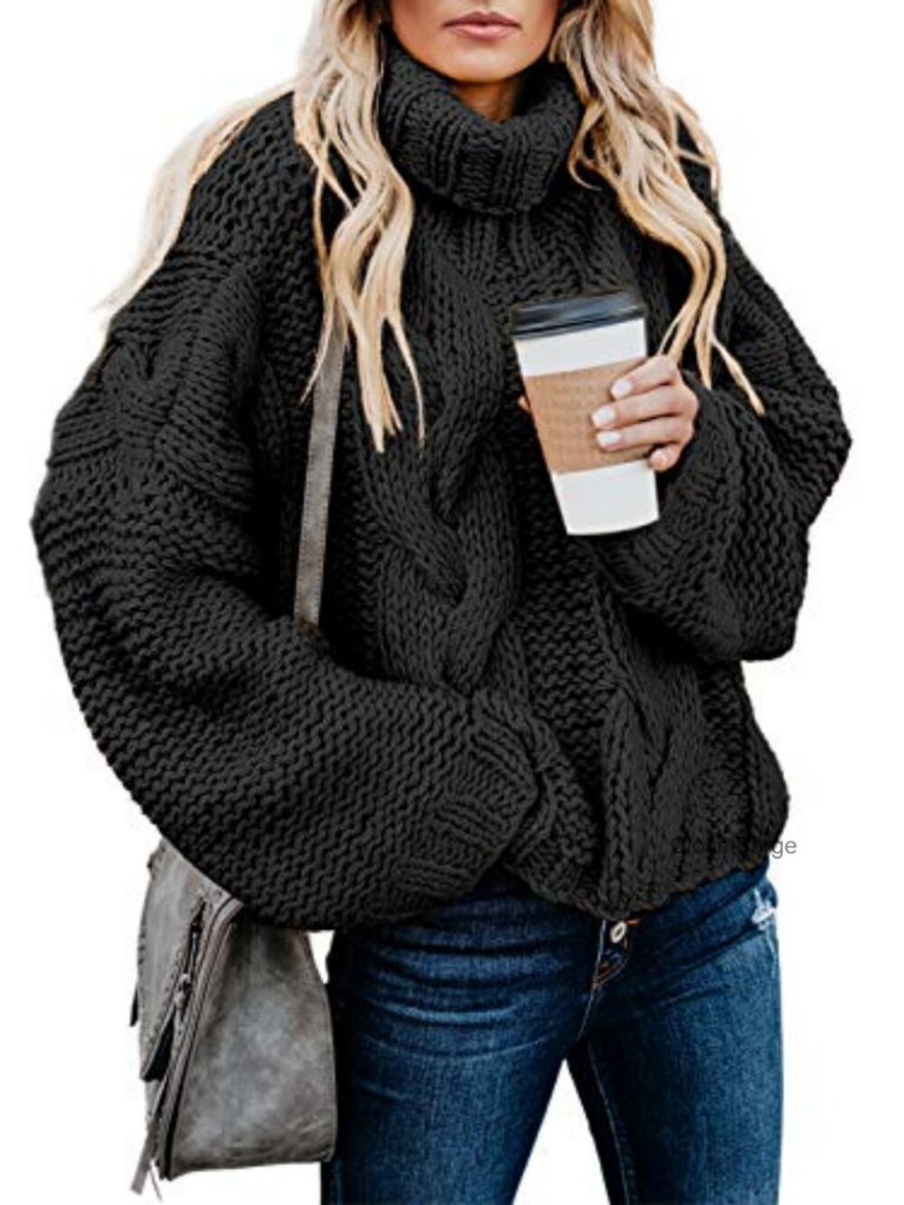 Womens Turtleneck Cable Knit Chunky Pullover Sweater